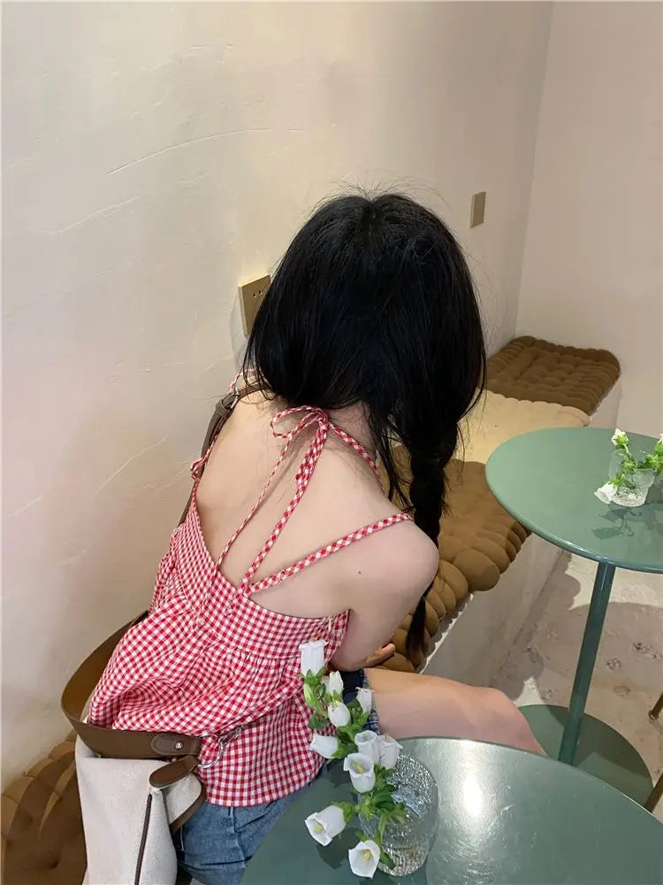 Red Plaid Camisole Women Backless Hotsweet Bandage All-match Loose College Personality Chic Summer Korean Style Fashion Ulzzang