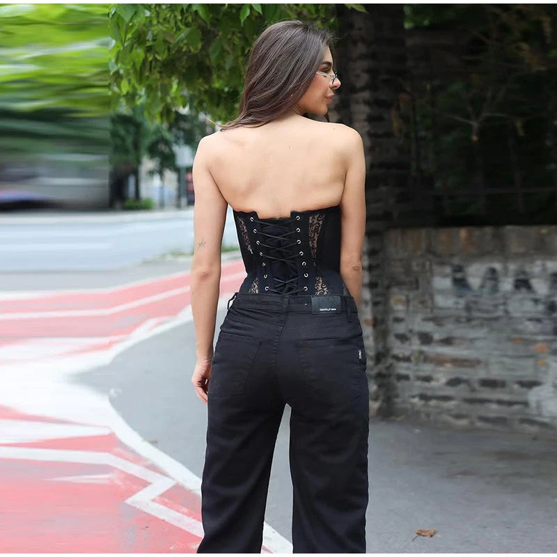 Sexy Lace Strapless Hollow Out Corset Women Bandage Party Wear Off Shoulder Slim Chic Vest Backless Sleeveless High Street Tops