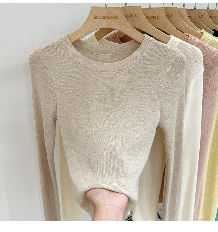 Lady Basic O-Neck Slim T-Shirt Women Solid Multi Color All-Match Trend Casual Top Screw Knit Long Sleeve Elastic Spring Office
