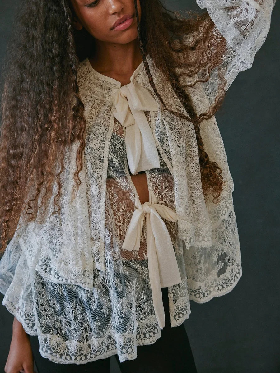 Women Sheer Lace Long Sleeve Tops Off Shoulder Lantern Sleeves Tiered Lace Solid Color See Through Tee Shirts