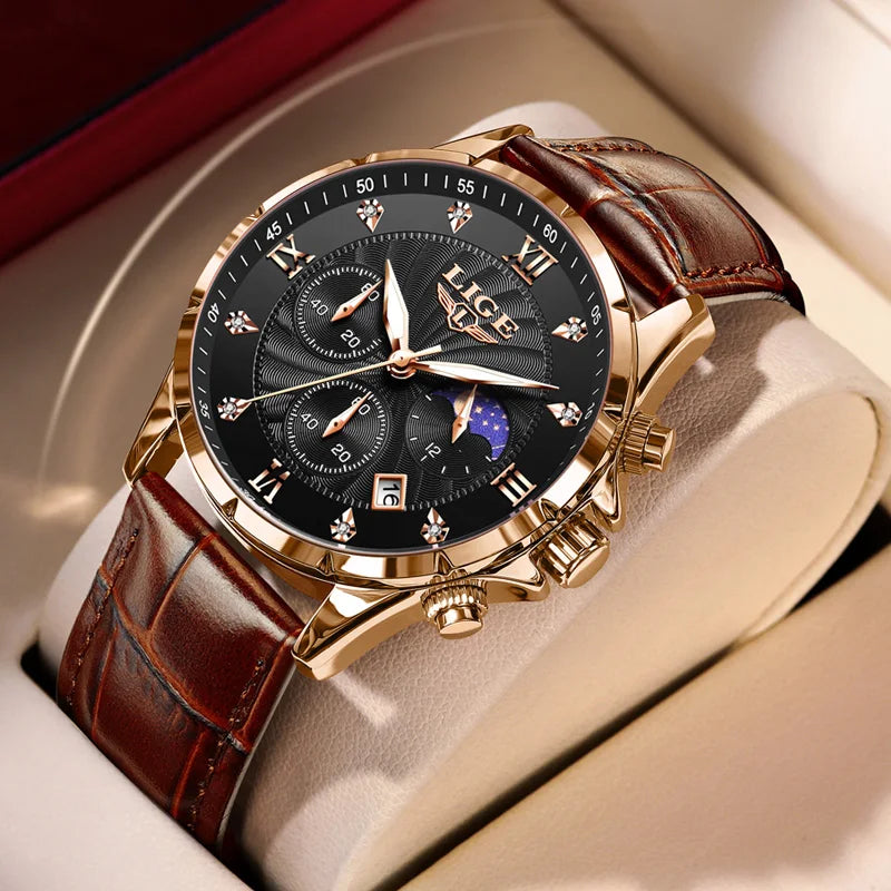 New Mens Watches LIGE Top Brand Luxury Leather Casual Quartz Watch Men's Sport Waterproof Clock Watch Relogios Masculino+Box