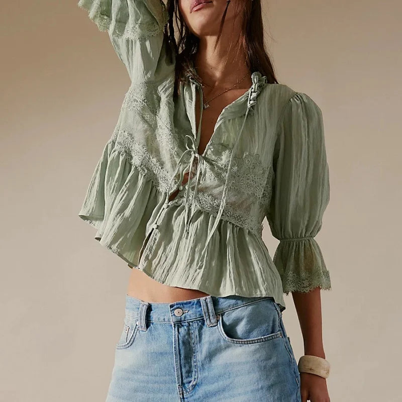 Women Ruffle Bow Tie Peplum Tops Boho Sheer Flowy Short Sleeve Blouse Lace Eyelet Frilly Babydoll Tees Shirt Streetwear