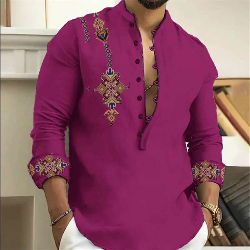 15-color men's shirt tribe pattern printing retro geometry leads outdoor street long-sleeved shirt super large size XS-6XL