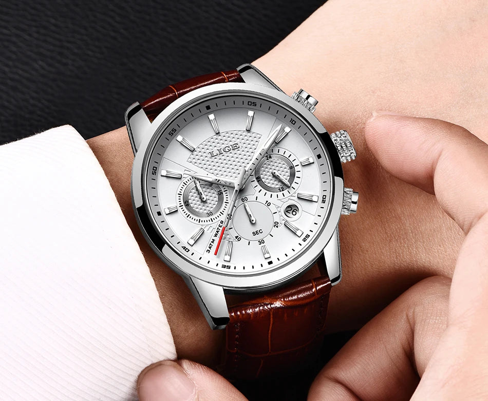 LIGE Watches Men 2024 Top Brand Luxury Casual Leather Quartz Men Watch Man Business Clock Male Sport Waterproof Date Chronograph