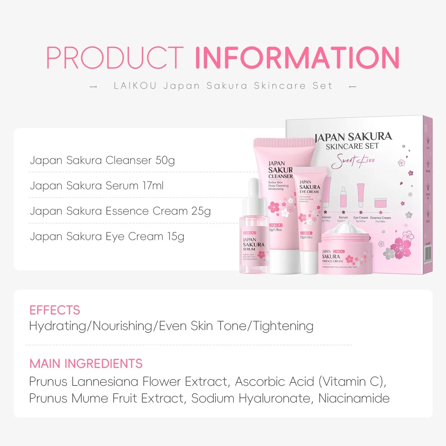 4 PCS Face Skin Care Set Cleanser Sakura Essence Cream Moisturizing Eye Cream Face Serum Improve Roughness & Dryness Skin Care