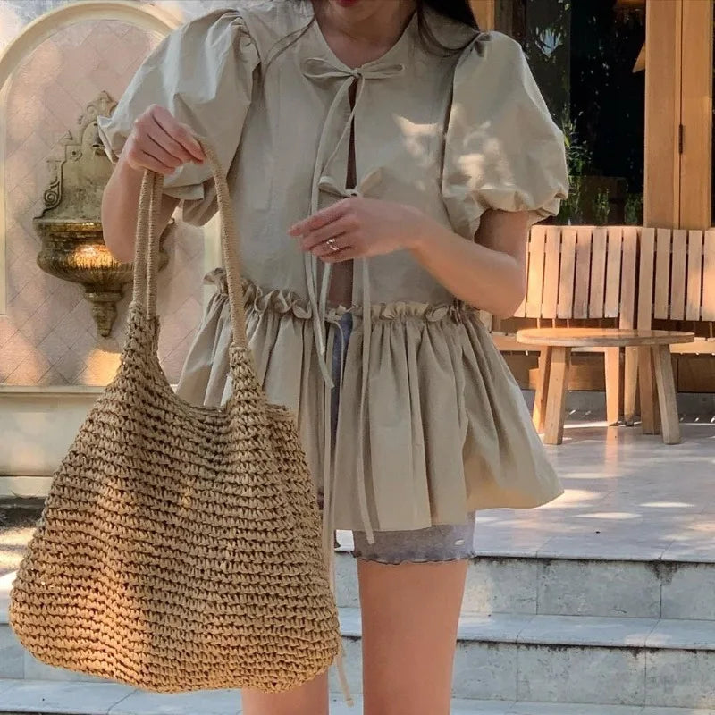 Neploe Korean Vintage O-neck Lace Up Blouses 2025 Summer New Puff Sleeve Shirts Women Y2k Slim Waist Ruched Blusas Mujer