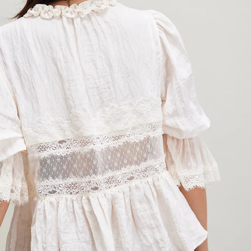 Women Ruffle Bow Tie Peplum Tops Boho Sheer Flowy Short Sleeve Blouse Lace Eyelet Frilly Babydoll Tees Shirt Streetwear
