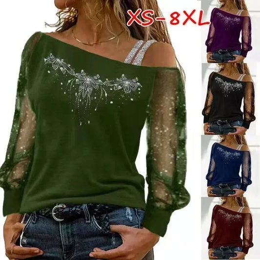 Women Fashion Casual Diagonal Collar Long Sleeve Tops Ladies Sexy Off Shoulder Loose T-shirts Net Yarn Pullover Blouses
