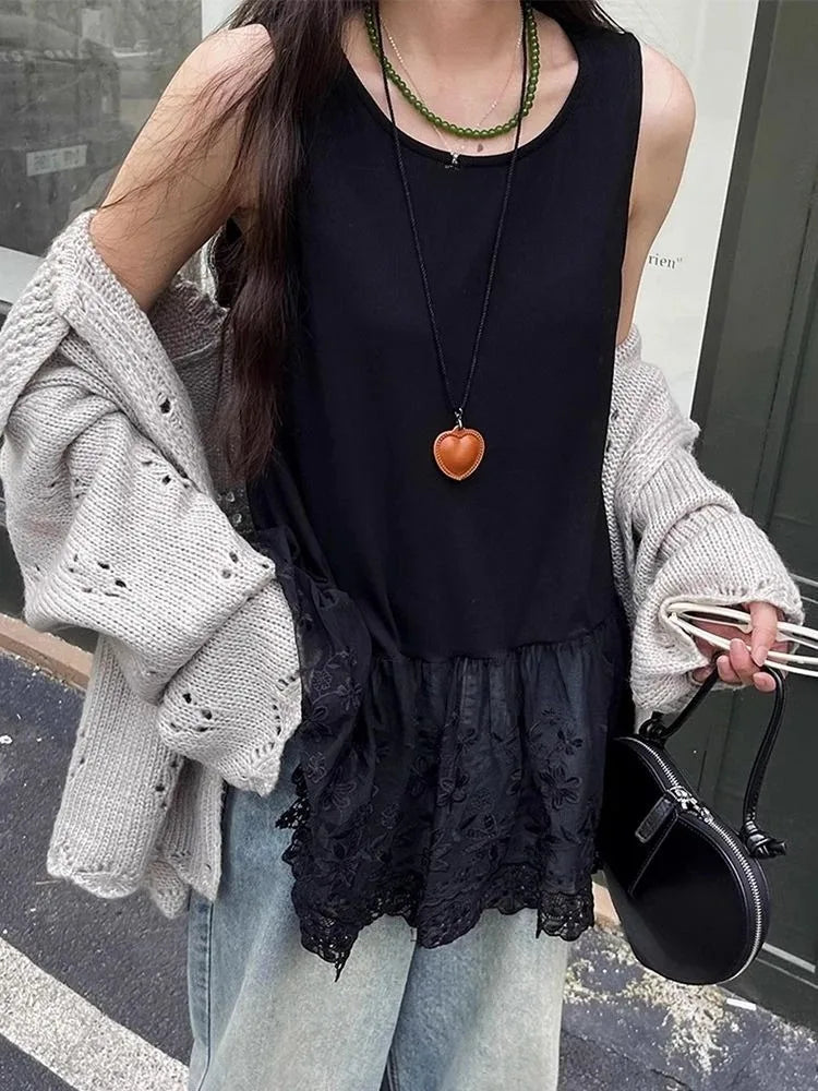 Women Clothing Fashion Vest O-neck Sleeveless Tunic Camis Y2k Tops 2025 Ropa Mujer Patchwork Lace Top Casual Loose Summer Tanks