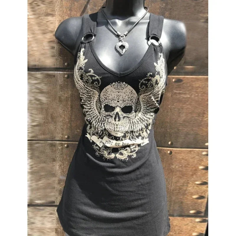 Skull Print Tank Top Women Summer New Sexy Tee Streetwear Round Neck Casual Loose Long Tops Black Fashion