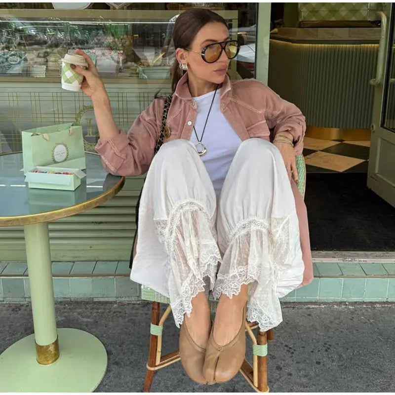 2025 Fashion Ruff Long Pants Women Casual Pleated Lace Lace Up Patchwork Straught Pants Lady Summer Chic Holiday Streetwear