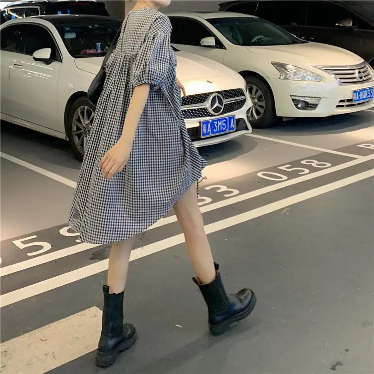 Korean Plaid Printed Loose Midi Dress Summer Short Sleeve Stylish Shirring Drawstring Female Irregular Casual O-Neck Dresses New