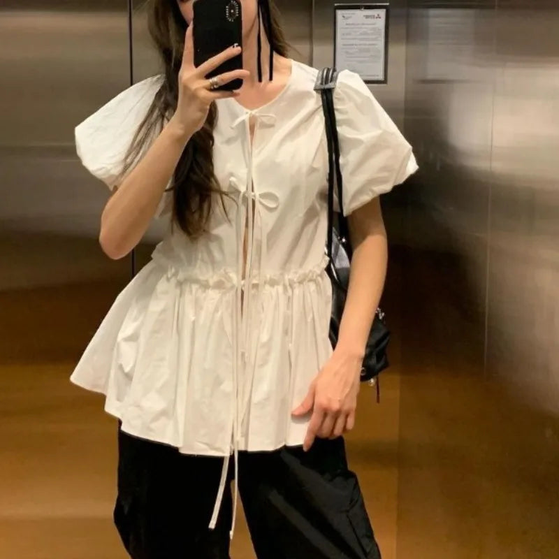 Neploe Korean Vintage O-neck Lace Up Blouses 2025 Summer New Puff Sleeve Shirts Women Y2k Slim Waist Ruched Blusas Mujer