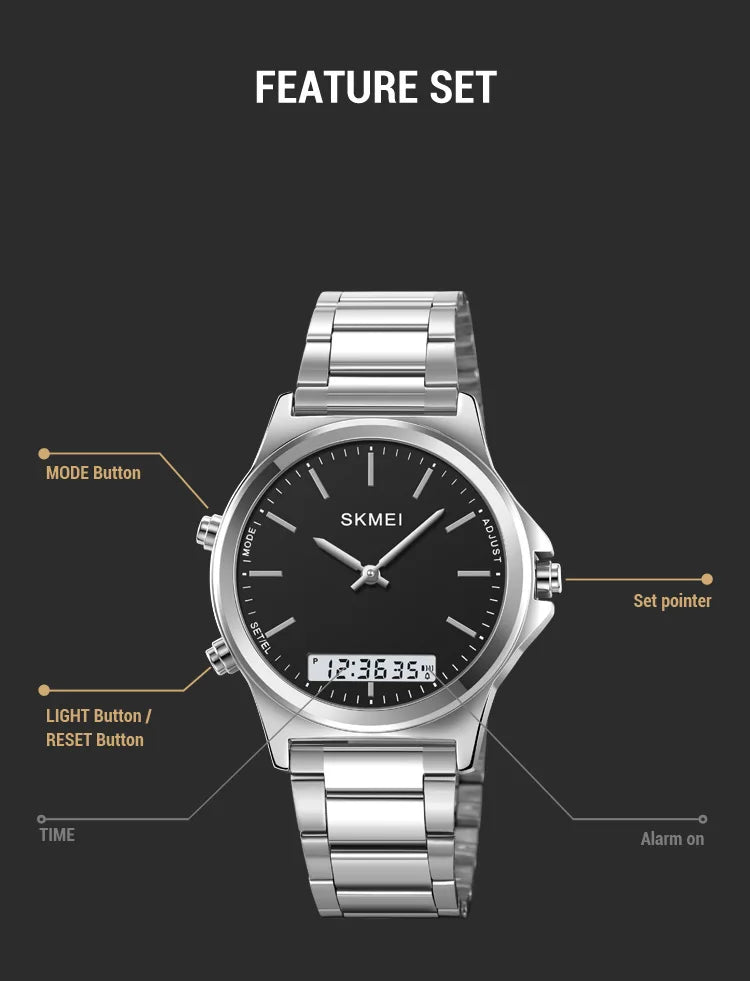 SKMEI Full Steel 3 Time Back Light Display Digital Chrono Sport Watches Mens Waterproof Alarm Wristwatches Clock reloj hombre