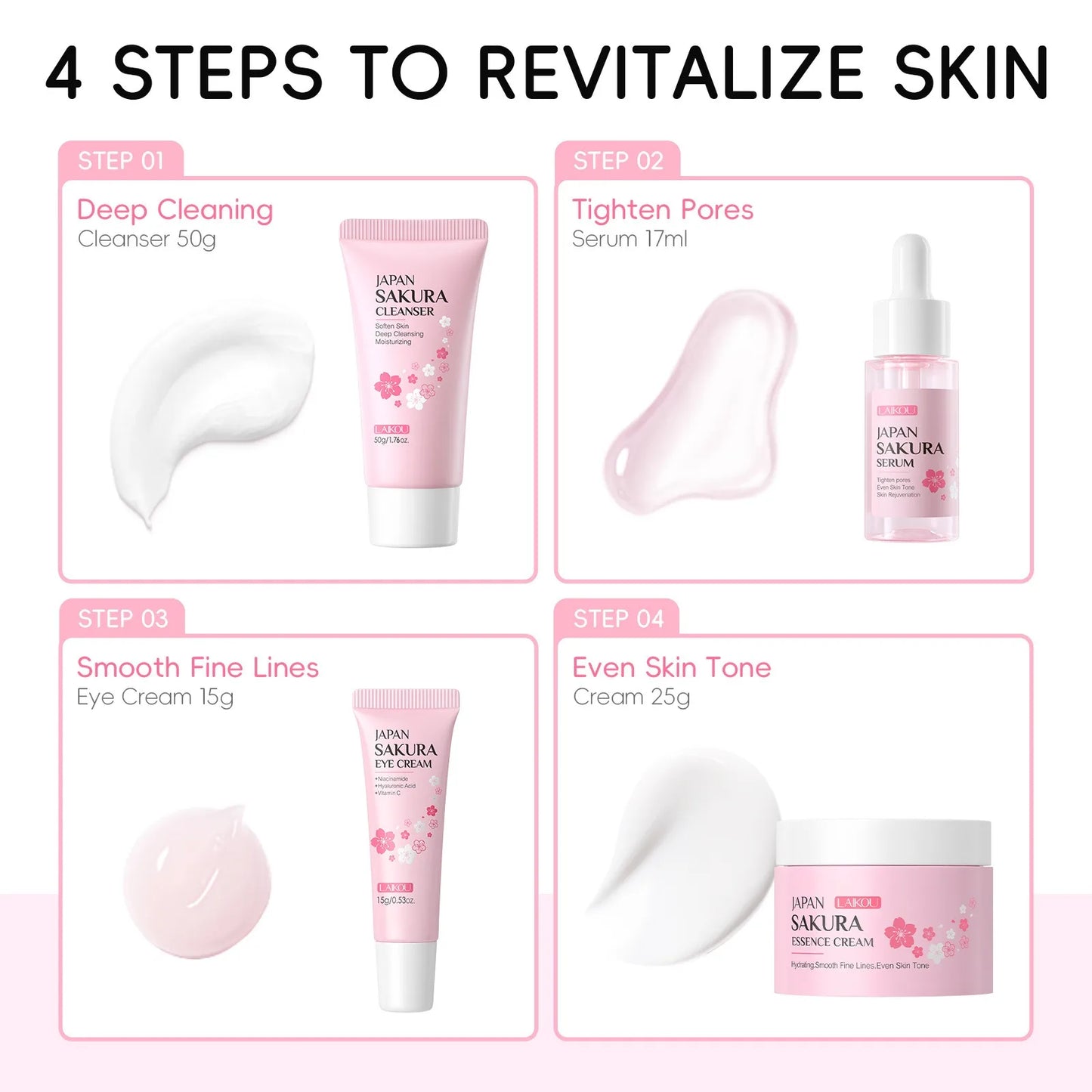 4 PCS Face Skin Care Set Cleanser Sakura Essence Cream Moisturizing Eye Cream Face Serum Improve Roughness & Dryness Skin Care