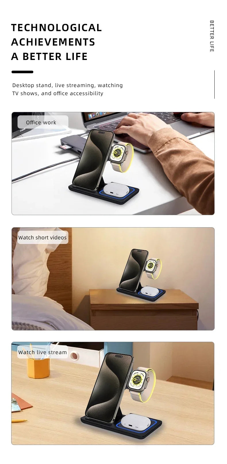 3 in 1 Wireless Charger Stand  For iPhone 16 15 14 13 12 11 X  iWatch 8 7 6  Airpods Pro 30W Foldable Fast Charging Dock Station