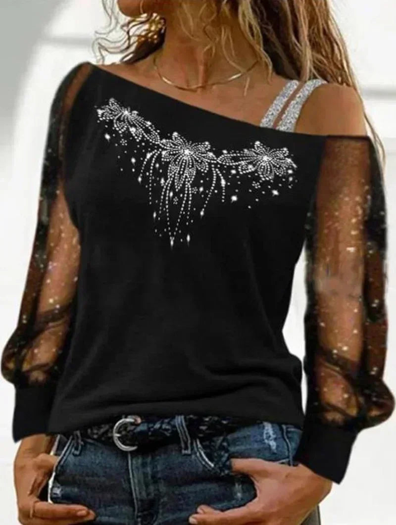 Women Fashion Casual Diagonal Collar Long Sleeve Tops Ladies Sexy Off Shoulder Loose T-shirts Net Yarn Pullover Blouses