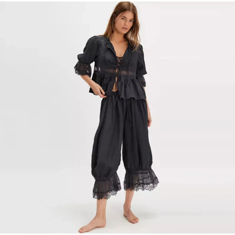 2025 Fashion Ruff Long Pants Women Casual Pleated Lace Lace Up Patchwork Straught Pants Lady Summer Chic Holiday Streetwear