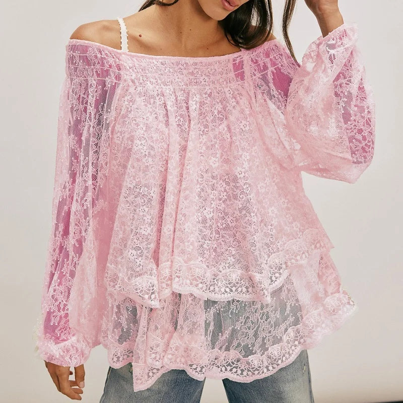 Women Sheer Lace Long Sleeve Tops Off Shoulder Lantern Sleeves Tiered Lace Solid Color See Through Tee Shirts