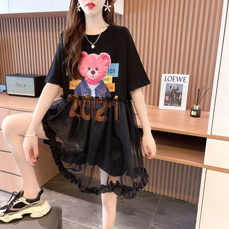 T Shirt Dress Woman Short Sleeve Summer Lace Clothing Women's Top Funny Fitted Slim Causal Long Graphic O Tall Kpop Cute Tees Xl