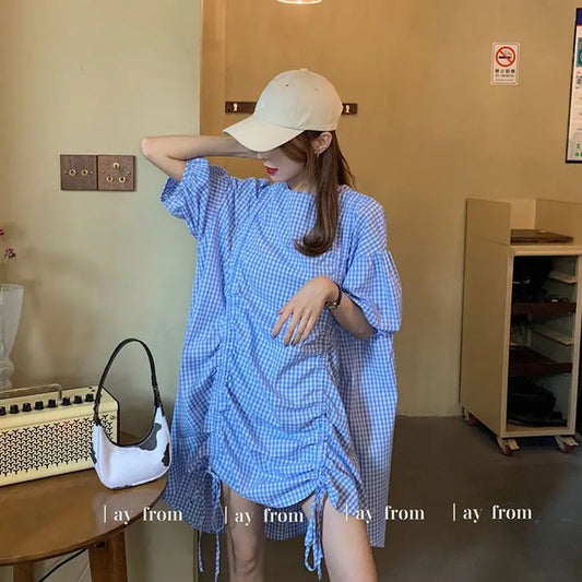 Korean Plaid Printed Loose Midi Dress Summer Short Sleeve Stylish Shirring Drawstring Female Irregular Casual O-Neck Dresses New