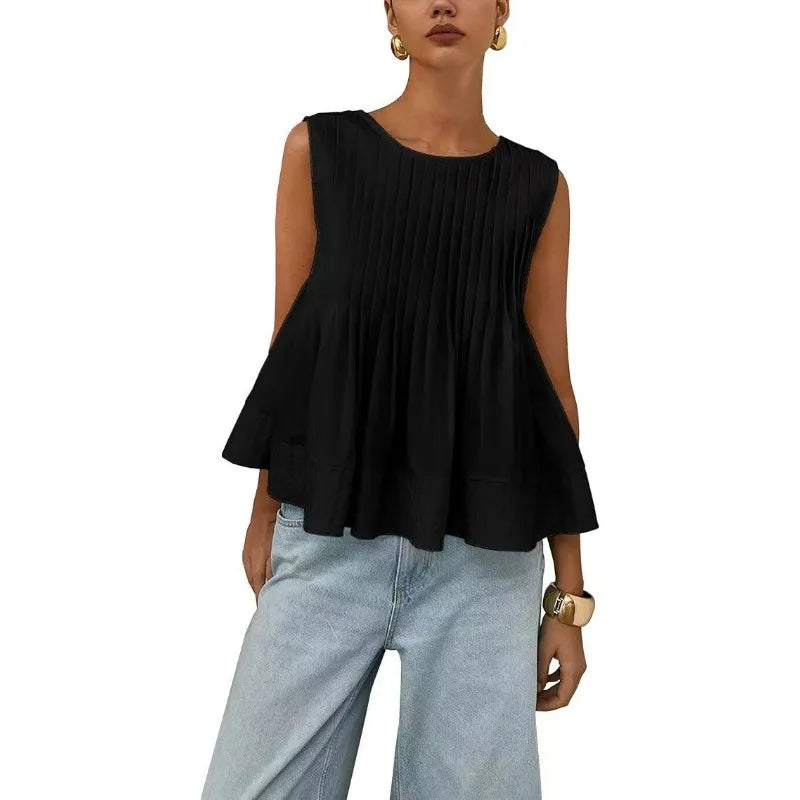 Women Sweet Ruffle Hem Vests Solid Color Summer Fashion Streetwear Female Sleeveless O-neck Tops Lady Casual Loose Camisole