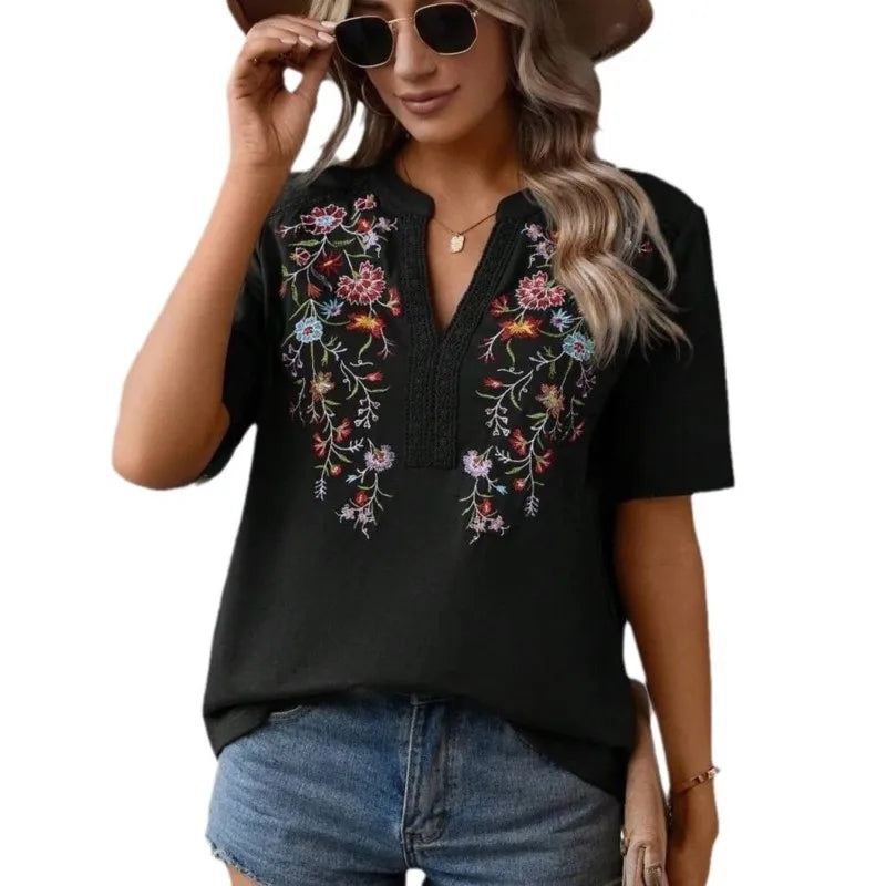 Ladies' Retro Casual Chic Embroidered Women's Shirt With Lace And Lace Stitching, V-neck Loose And Comfortable Top, Women's T