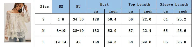 Women Sheer Lace Long Sleeve Tops Off Shoulder Lantern Sleeves Tiered Lace Solid Color See Through Tee Shirts