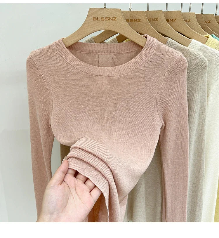 Lady Basic O-Neck Slim T-Shirt Women Solid Multi Color All-Match Trend Casual Top Screw Knit Long Sleeve Elastic Spring Office