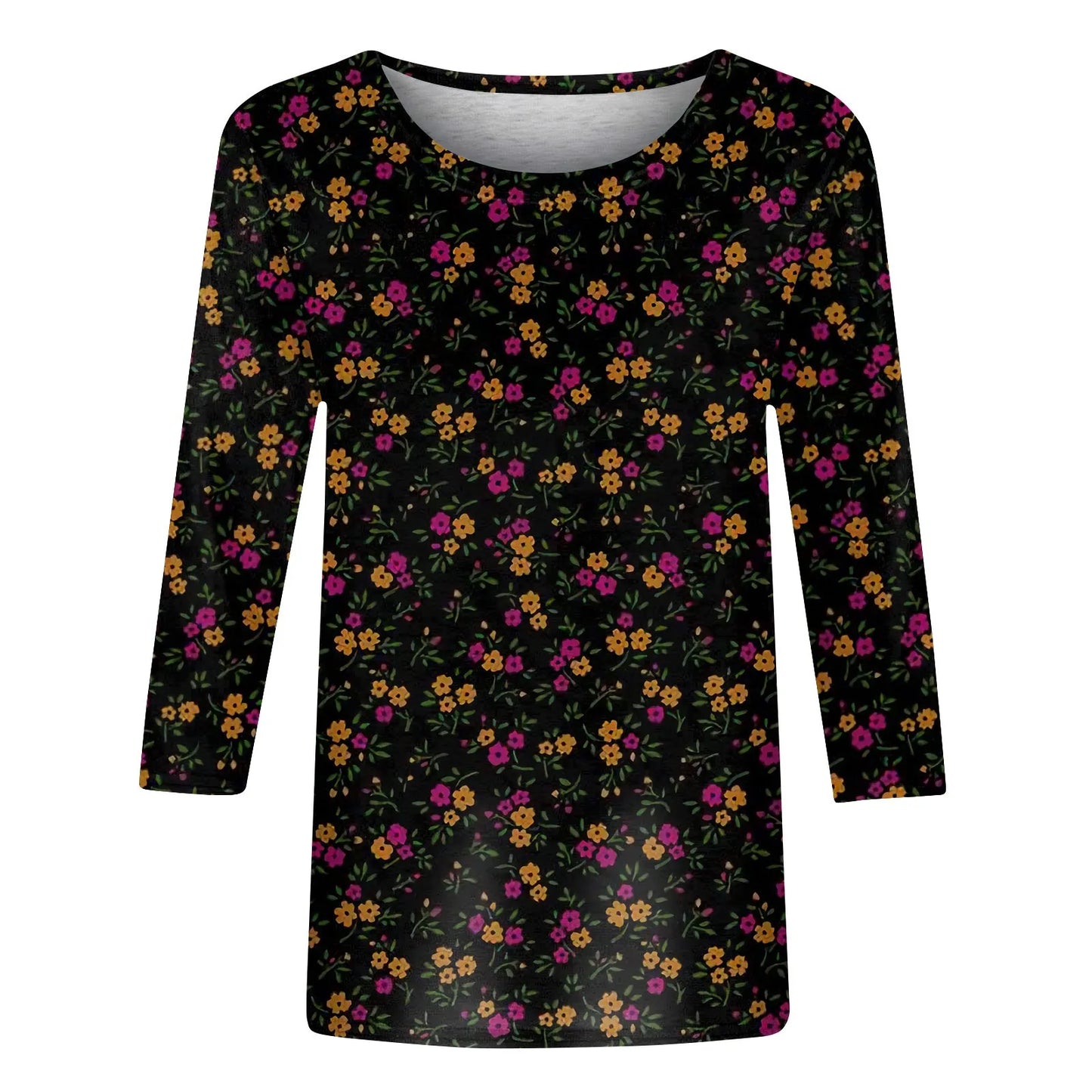 Female Clothing Delicate Fashion Shirts Floral Round Neck 3/4 Sleeves Printed Summer Women Pullover Daily Wear Vetement Femme