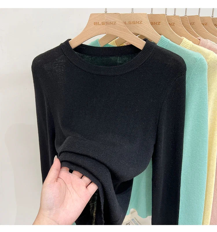 Lady Basic O-Neck Slim T-Shirt Women Solid Multi Color All-Match Trend Casual Top Screw Knit Long Sleeve Elastic Spring Office