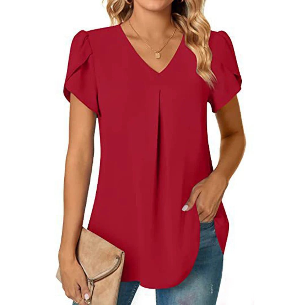 Sexy V Neck Ruffle Short Sleeve Blouse Shirts Summer Women V Neck Solid Color Loose OL Workout Blouse Tops SZE-ST23015