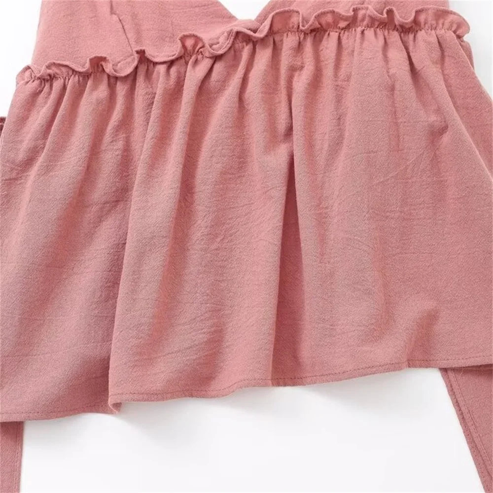 2024ZAR4 summer new women's European and American style top with a unique combination of lace up and ruffle suspender