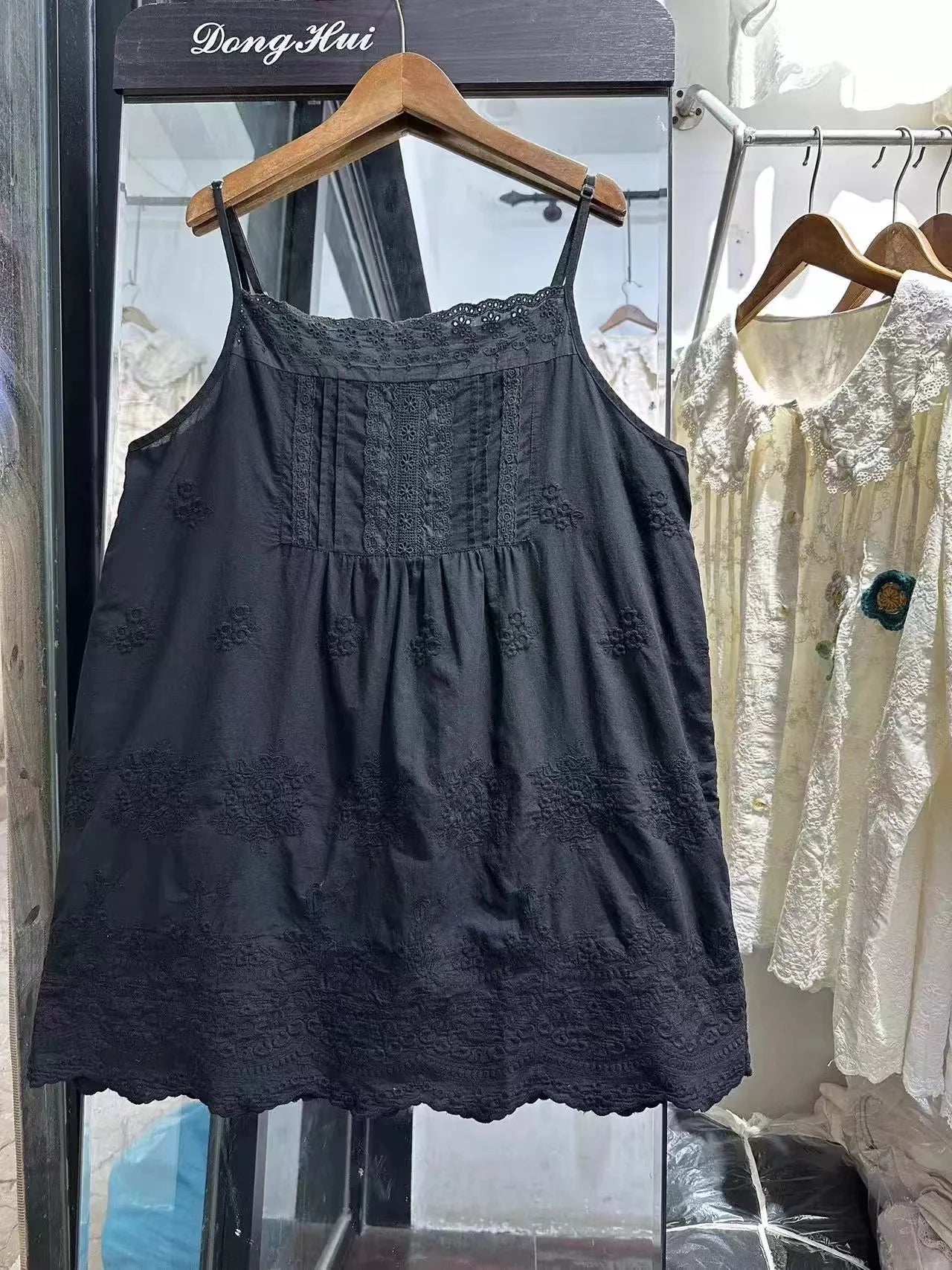 100% Cotton thin embroidery hollow out mid-length white black beige slip dress mori girl Japan style sweet petticoat dress