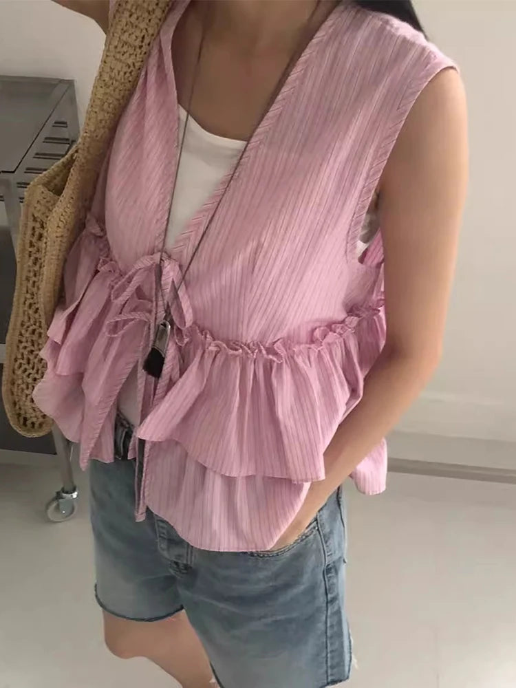 SuperAen Summer New Vintage Striped Patchwork Ruffles Top for Women Back Lace-up Sweet Casual Sleeveless Tank