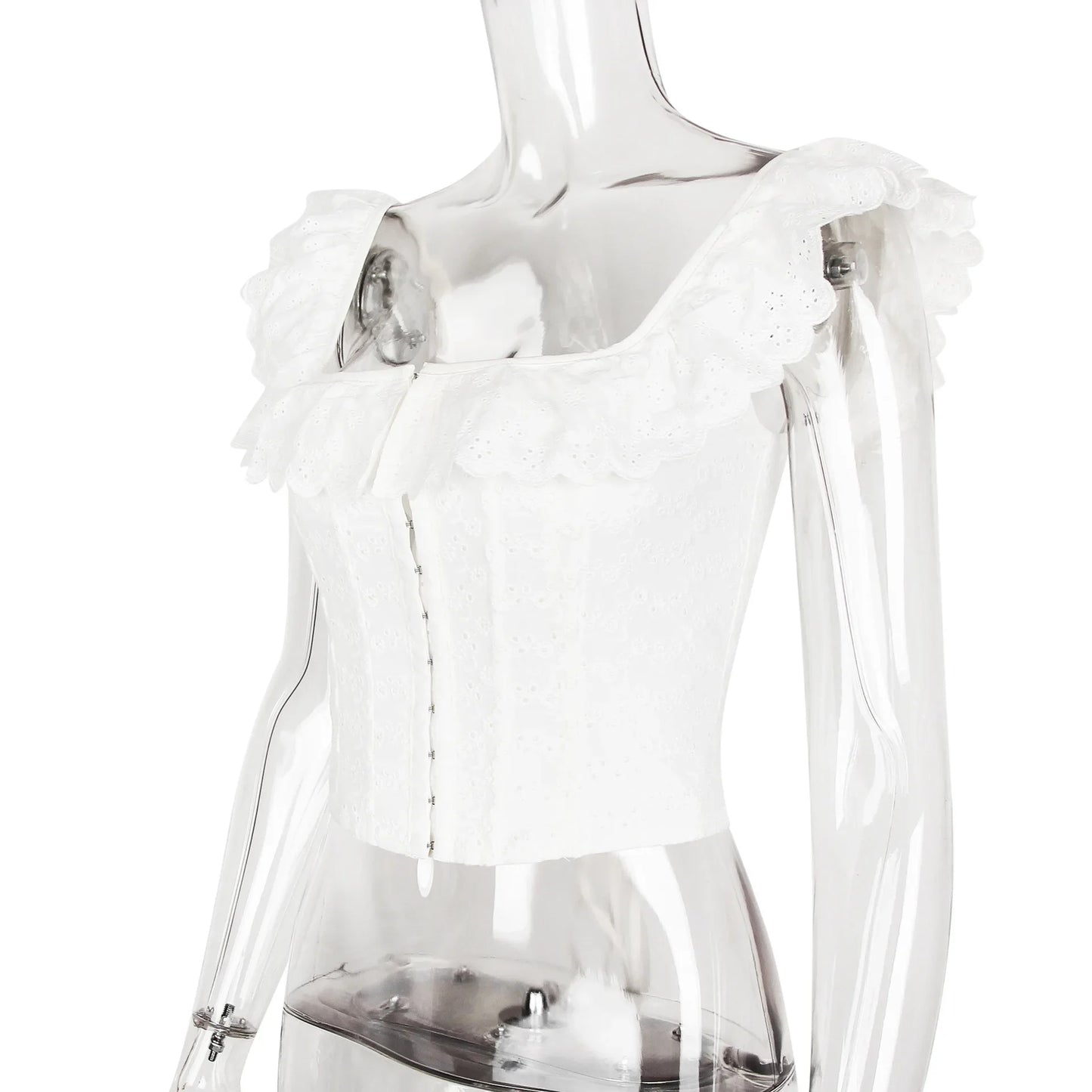 Elegant White Lace Ruffle Corset Vest Women Chic Square Neck Off Shoulder Cropped Tank Top New 2025 Lady Daily Streetwear Summer