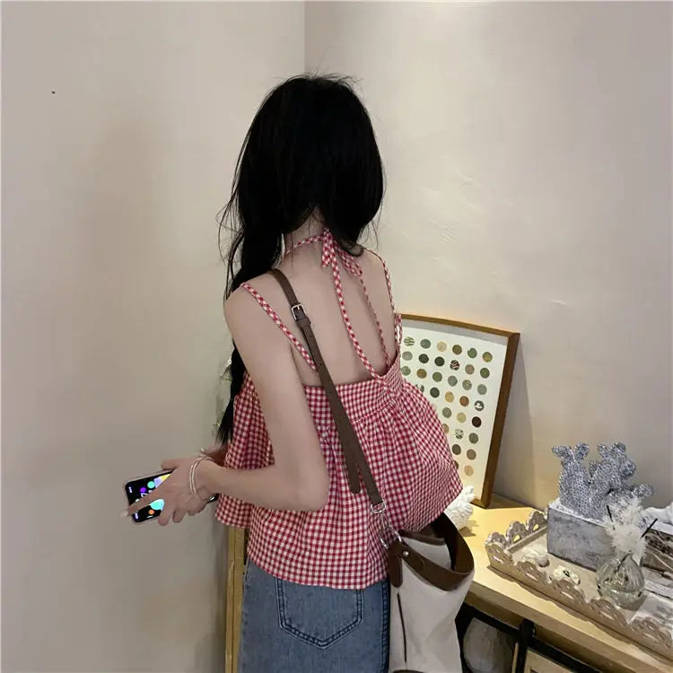 Red Plaid Camisole Women Backless Hotsweet Bandage All-match Loose College Personality Chic Summer Korean Style Fashion Ulzzang