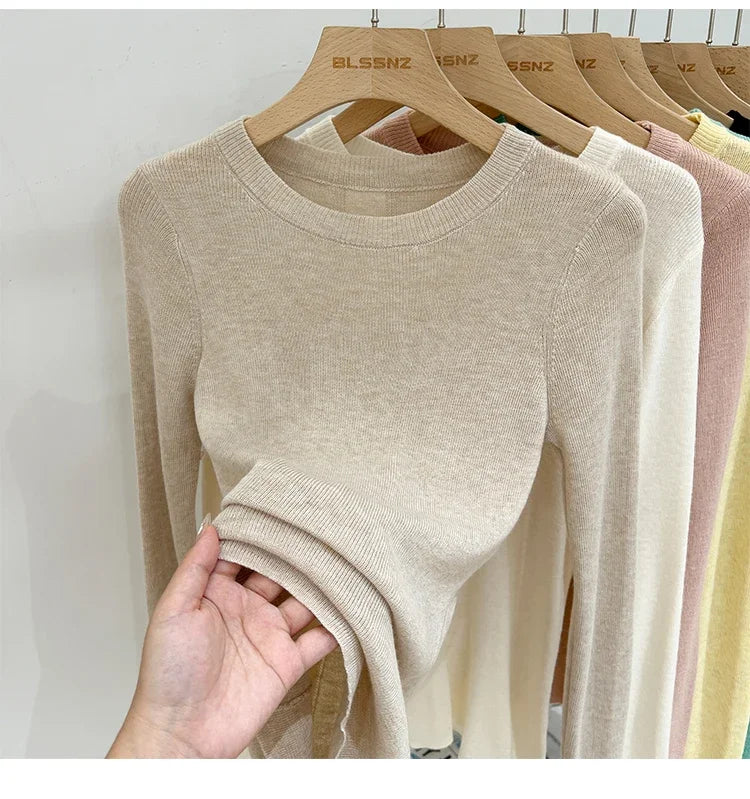 Lady Basic O-Neck Slim T-Shirt Women Solid Multi Color All-Match Trend Casual Top Screw Knit Long Sleeve Elastic Spring Office