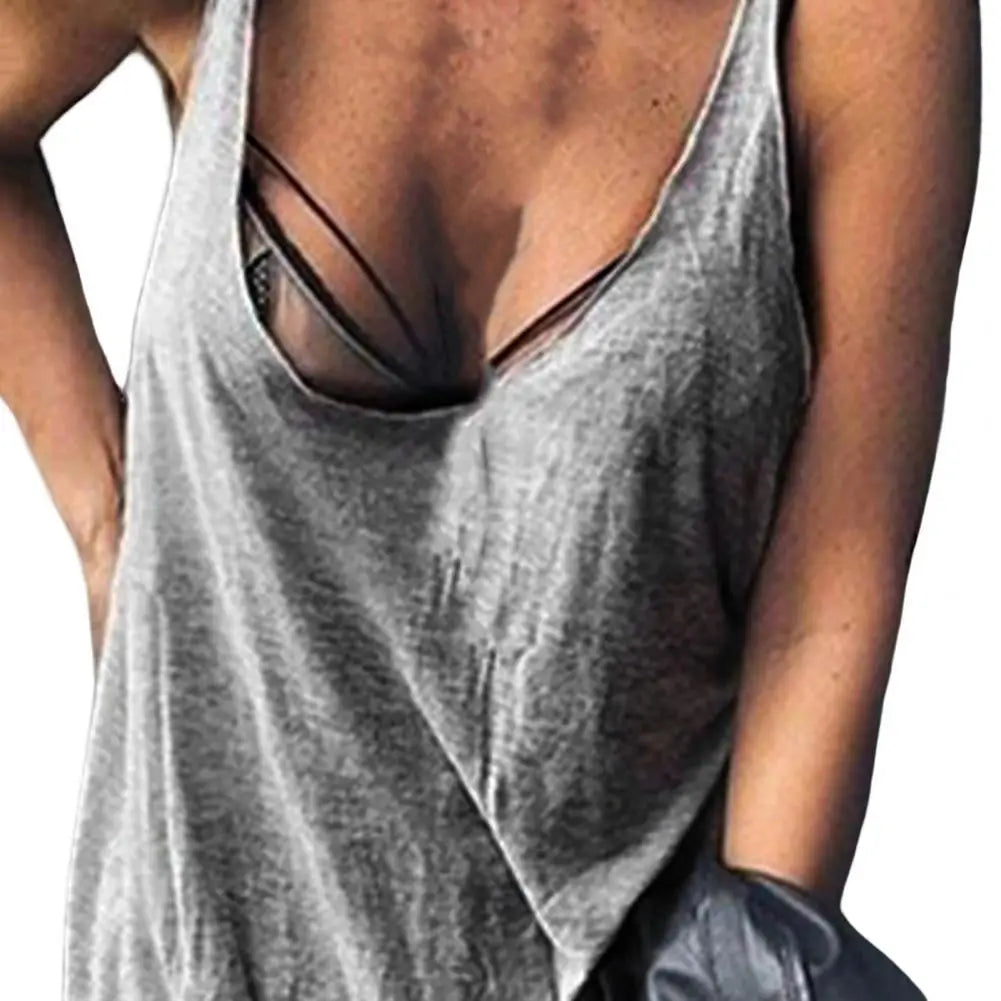 Lady Casual Solid Color Loose Tees U-neck Sleeveless Thin Women Vest Low Collar Stretchy Lady Summer Simple T-shirt Streetwear