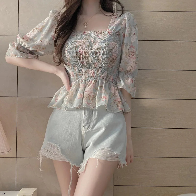 Blouses Women Slim Floral Print Lantern Sleeve Elegant Female Temperament Schoolgirls Summer All-match Leisure Holiday Clothes