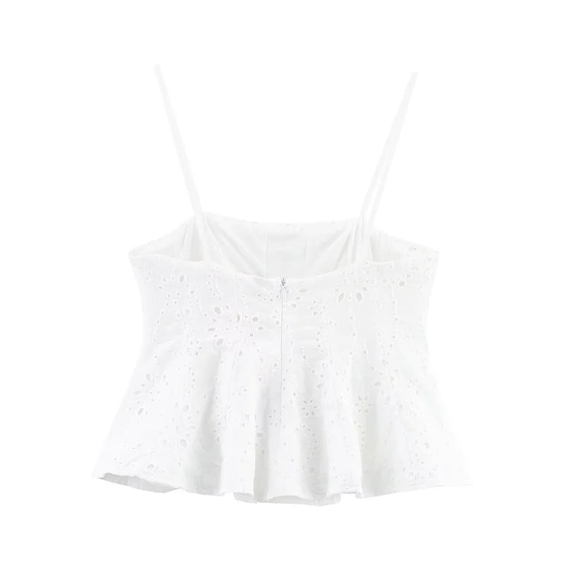 Ladies' Top 2025 Summer New Arrivals White Strap Wave Hem Top Embroidered Sexy Fashion Casual Versatile