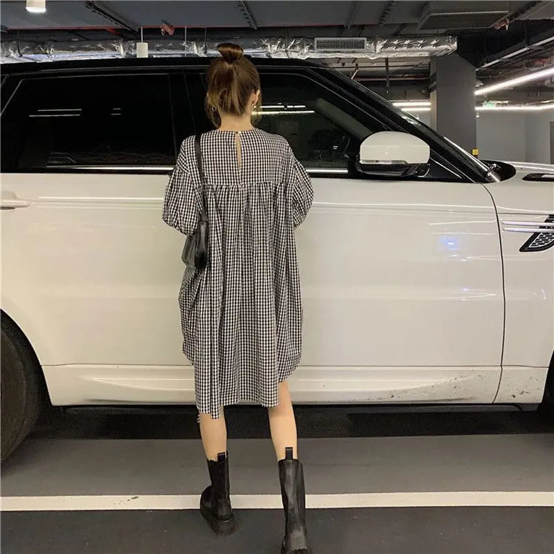 Korean Plaid Printed Loose Midi Dress Summer Short Sleeve Stylish Shirring Drawstring Female Irregular Casual O-Neck Dresses New