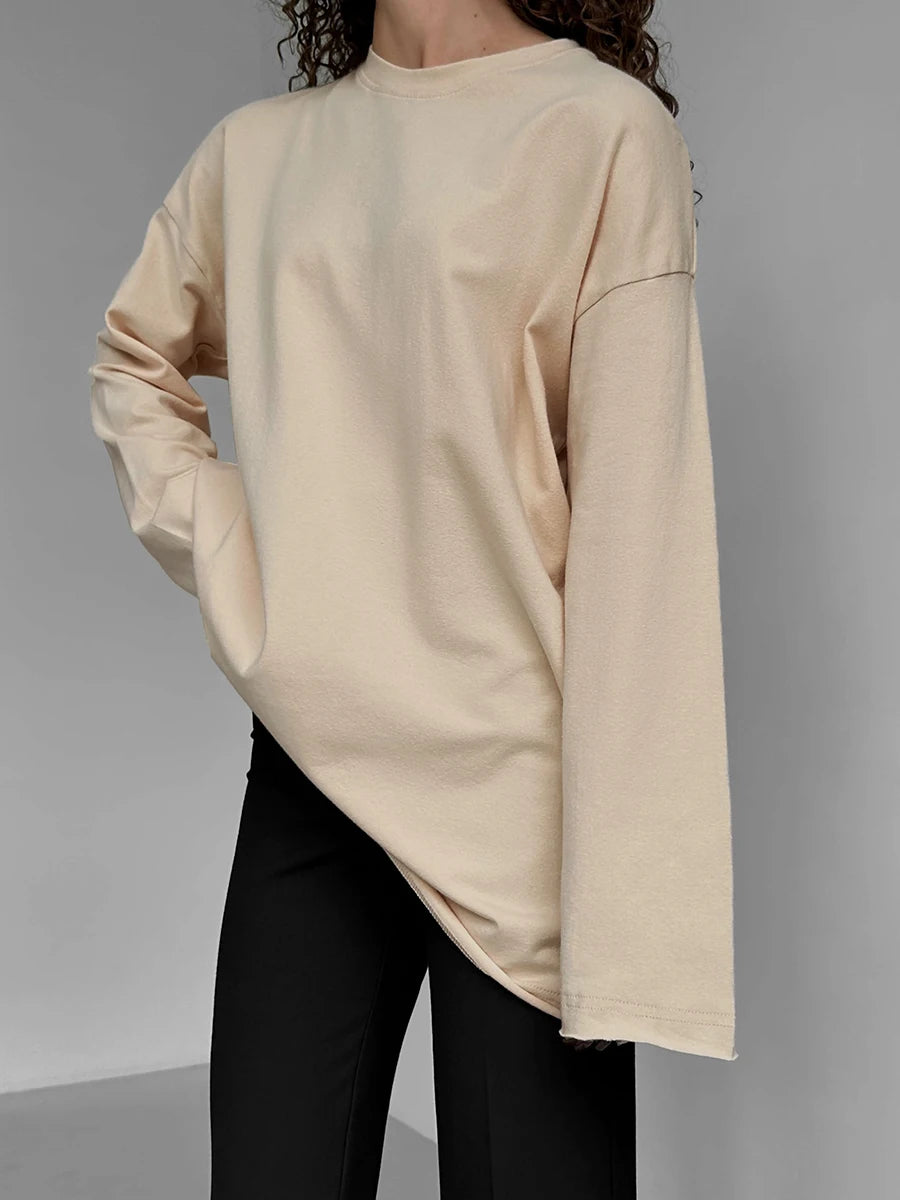Bornladies Women Autumn 100% Cotton T-shirt Bottoming Spring Basic Fashionable Solid Lady Long Sleeve Loose Tops Shirts