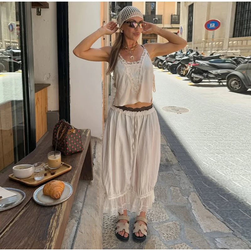 2025 Fashion Ruff Long Pants Women Casual Pleated Lace Lace Up Patchwork Straught Pants Lady Summer Chic Holiday Streetwear