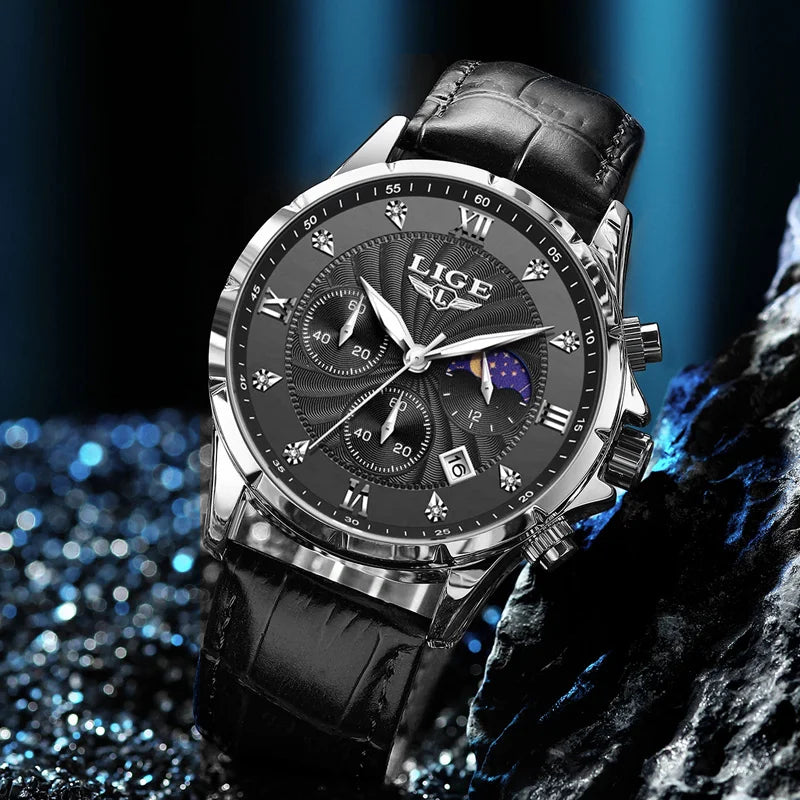 New Mens Watches LIGE Top Brand Luxury Leather Casual Quartz Watch Men's Sport Waterproof Clock Watch Relogios Masculino+Box