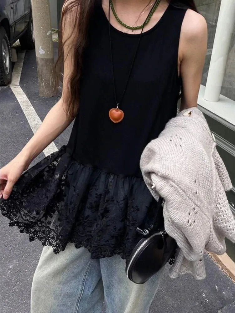 Women Clothing Fashion Vest O-neck Sleeveless Tunic Camis Y2k Tops 2025 Ropa Mujer Patchwork Lace Top Casual Loose Summer Tanks