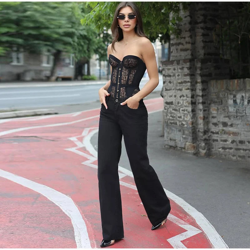 Sexy Lace Strapless Hollow Out Corset Women Bandage Party Wear Off Shoulder Slim Chic Vest Backless Sleeveless High Street Tops