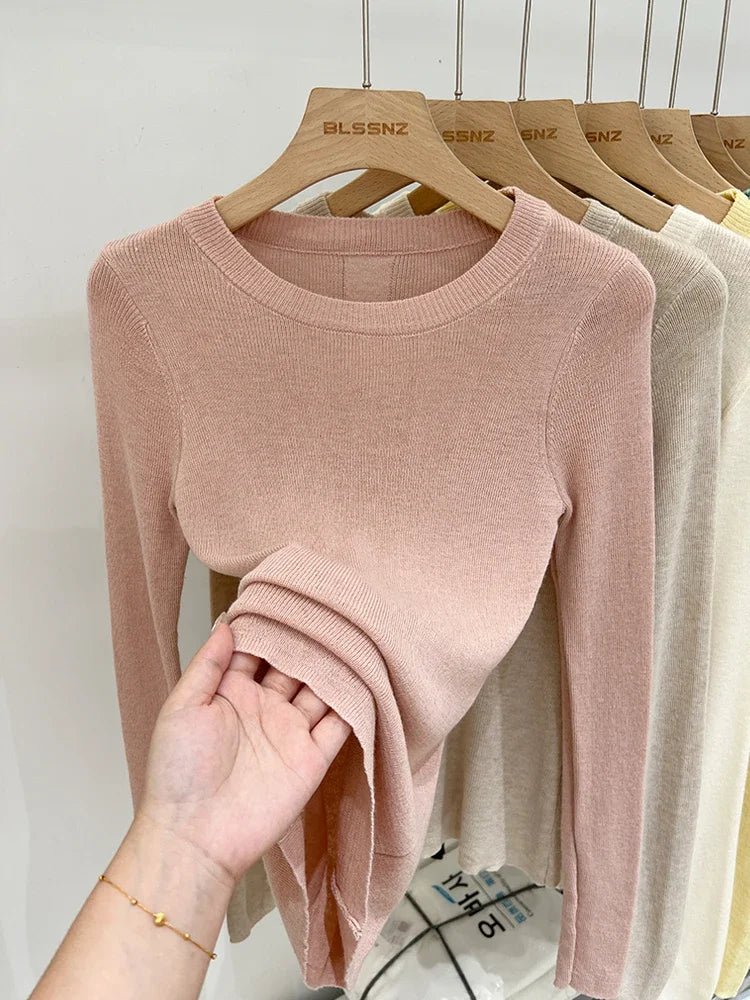 Lady Basic O-Neck Slim T-Shirt Women Solid Multi Color All-Match Trend Casual Top Screw Knit Long Sleeve Elastic Spring Office