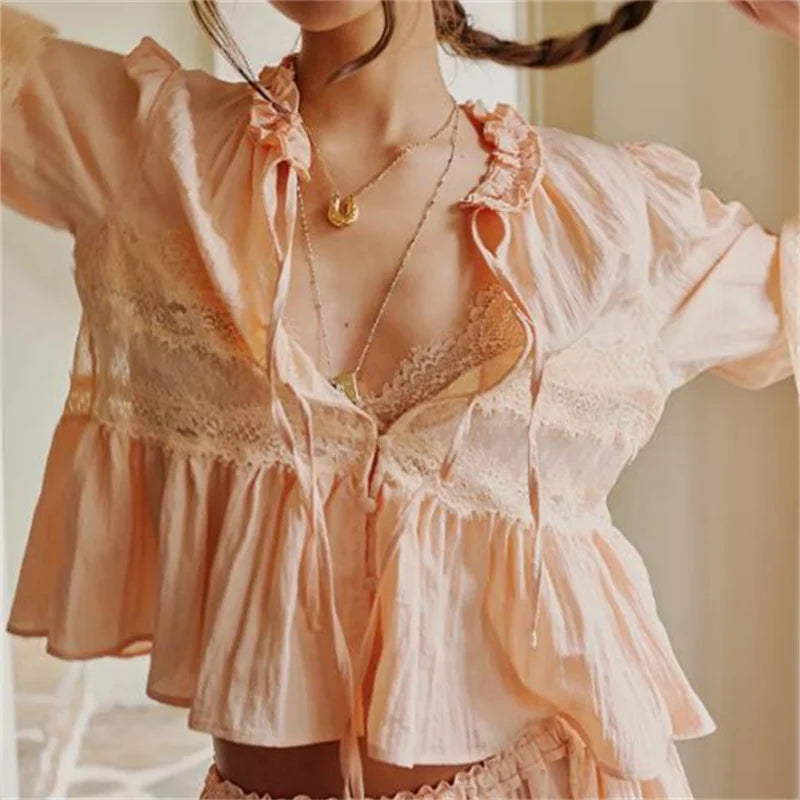 Women Ruffle Bow Tie Peplum Tops Boho Sheer Flowy Short Sleeve Blouse Lace Eyelet Frilly Babydoll Tees Shirt Streetwear