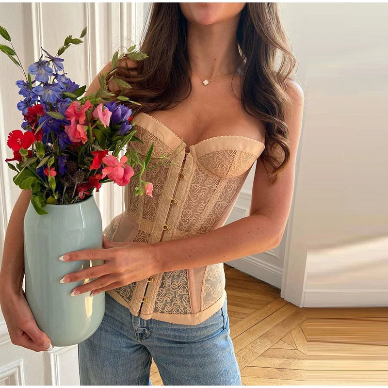 Sexy Lace Strapless Hollow Out Corset Women Bandage Party Wear Off Shoulder Slim Chic Vest Backless Sleeveless High Street Tops